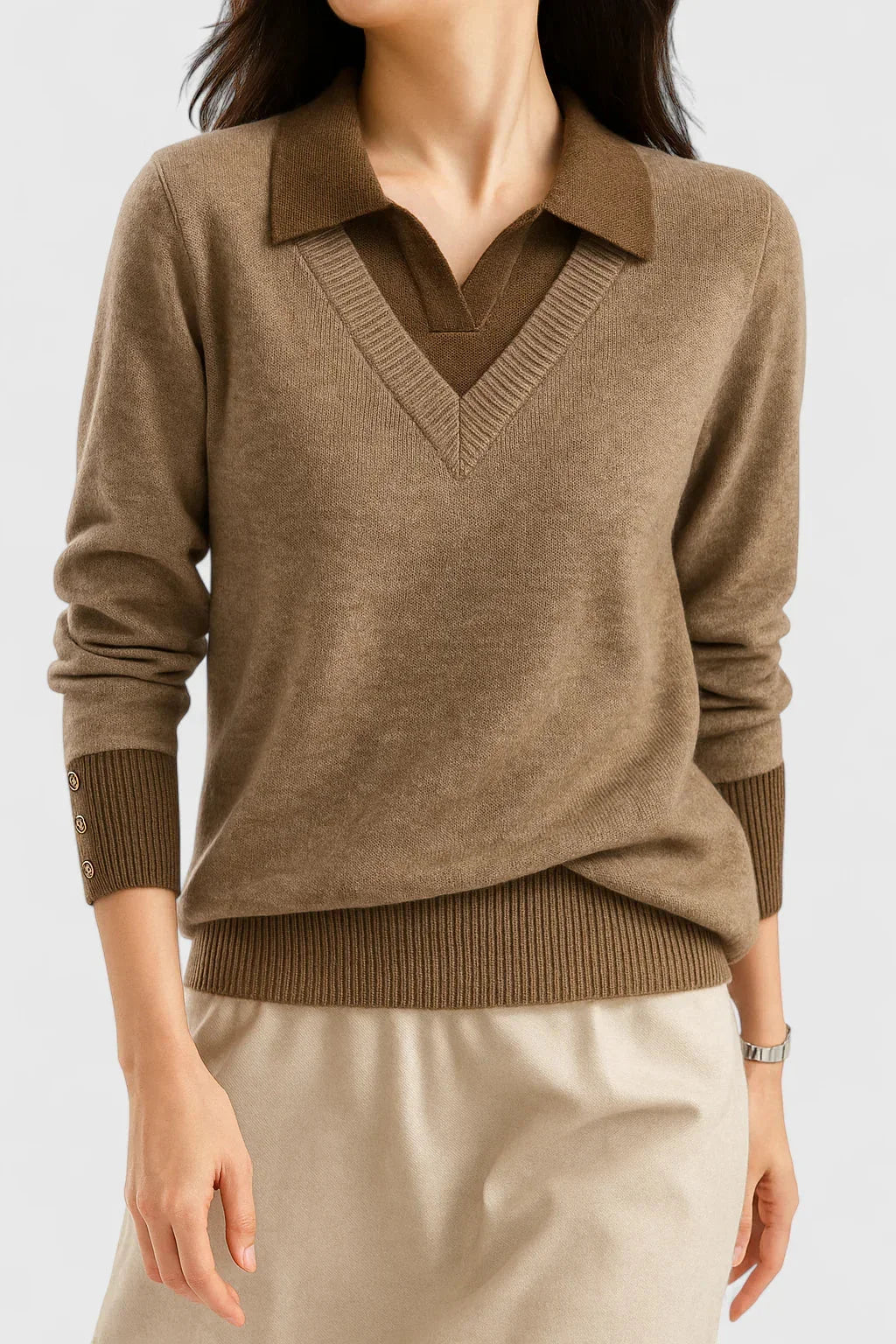 Women's knit collared sweater with contrast v-neck