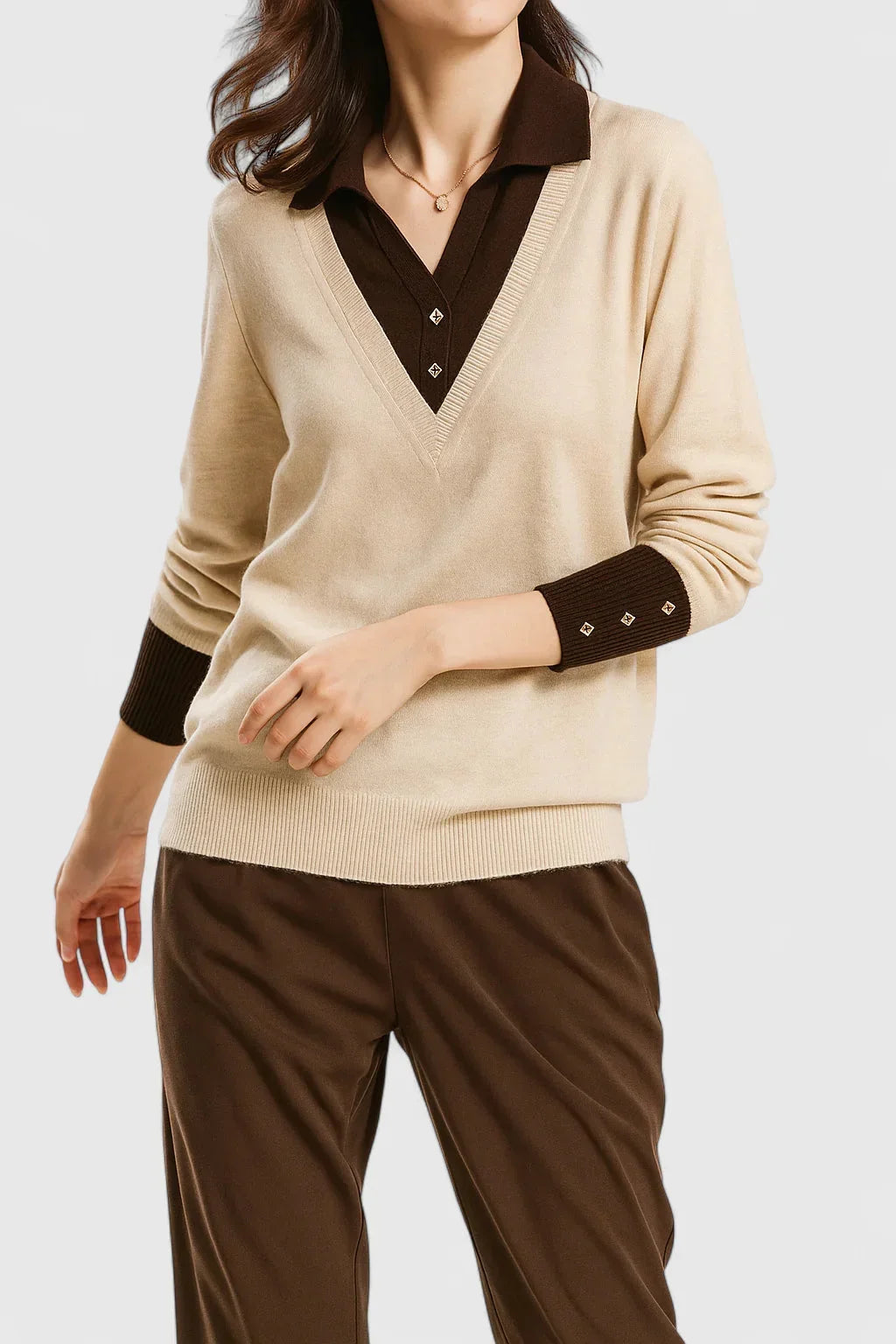 Women's knit collared sweater with contrast v-neck