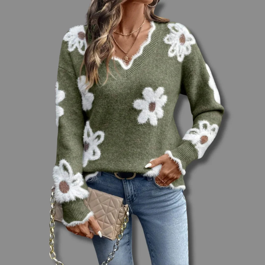 Women's floral knit v-neck sweater with scalloped trim