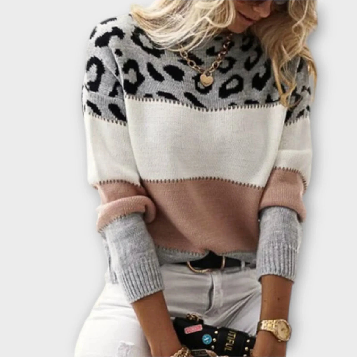 Women's leopard colorblock knit crew neck sweater