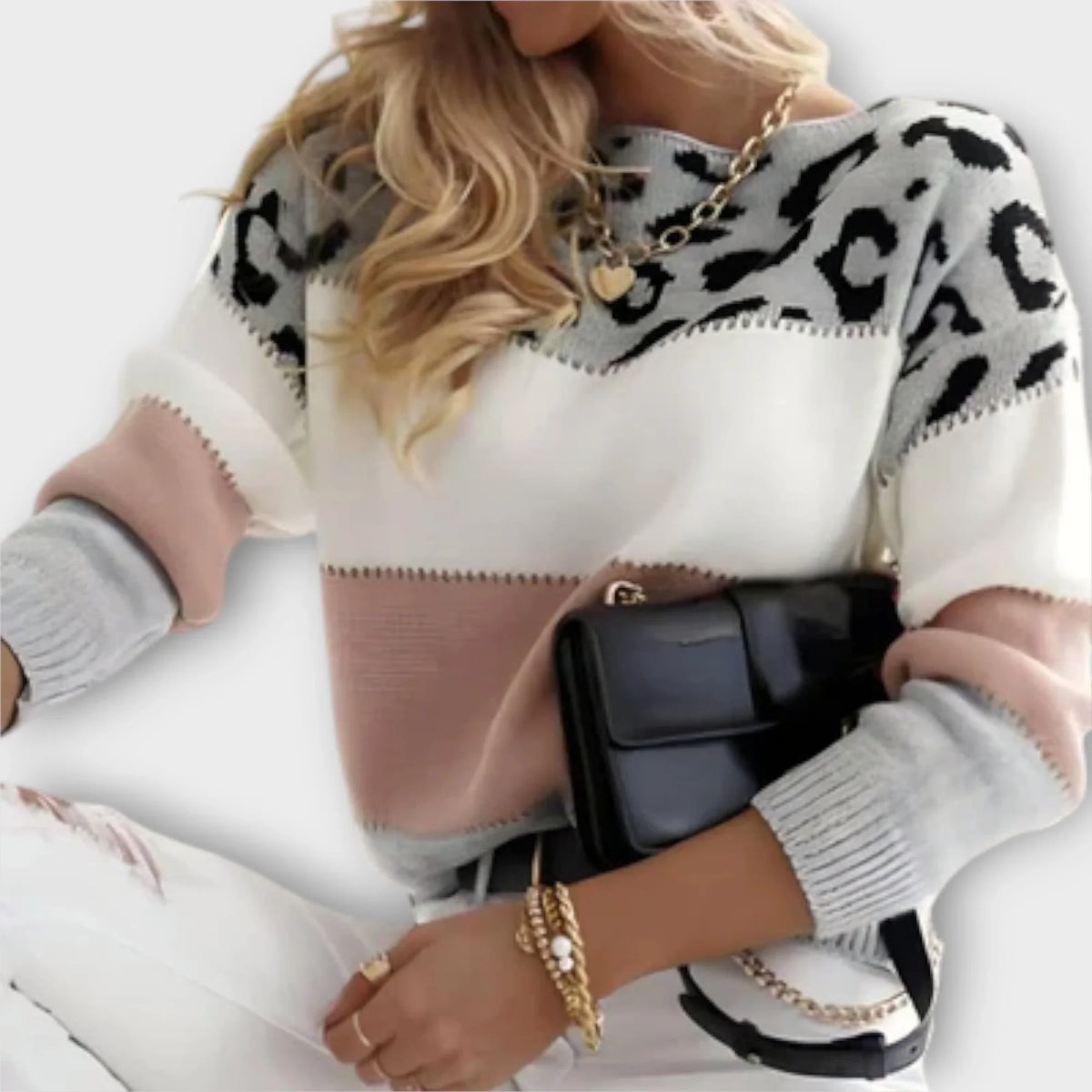 Women's leopard colorblock knit crew neck sweater