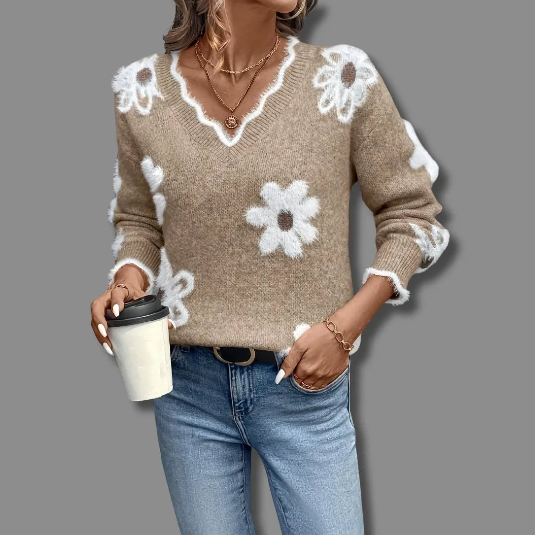Women's floral knit v-neck sweater with scalloped trim