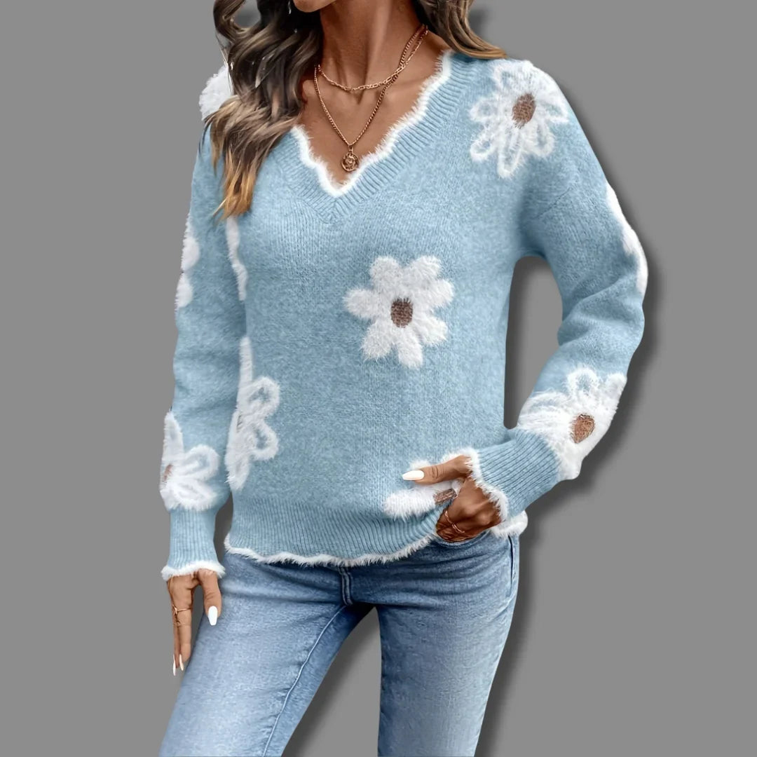 Women's floral knit v-neck sweater with scalloped trim
