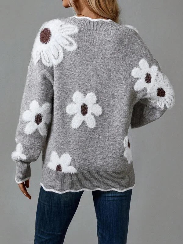 Women's floral knit v-neck sweater with scalloped trim