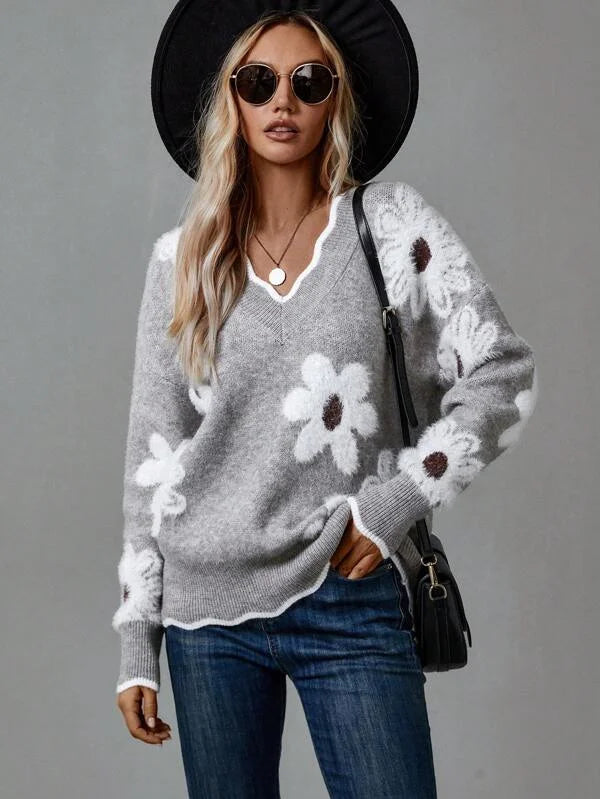 Women's floral knit v-neck sweater with scalloped trim