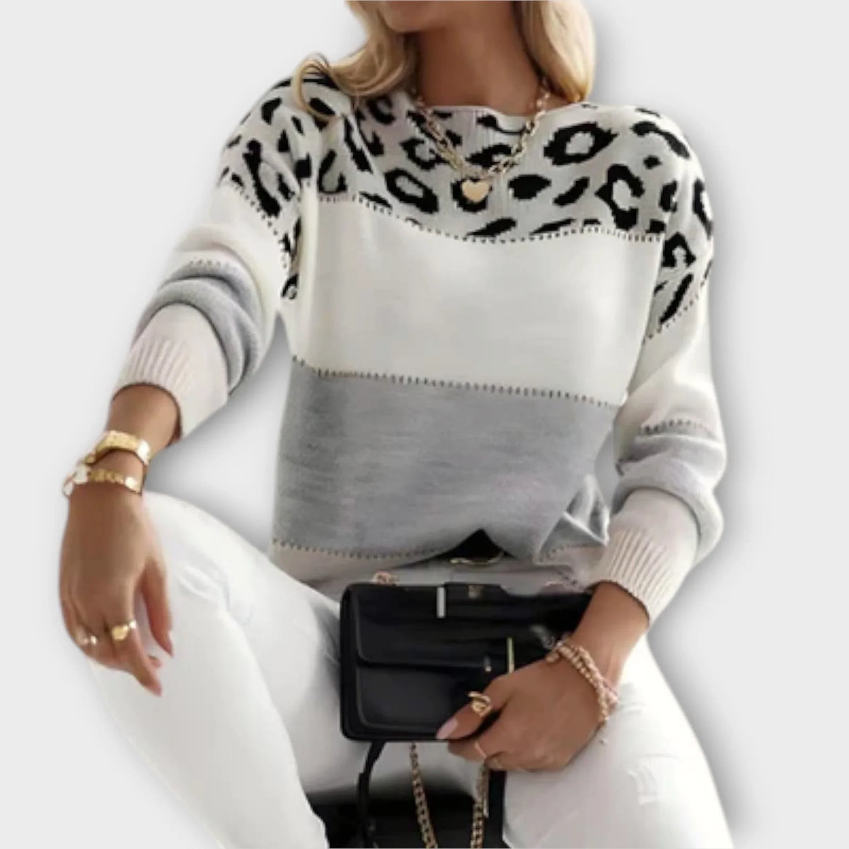 Women's leopard colorblock knit crew neck sweater