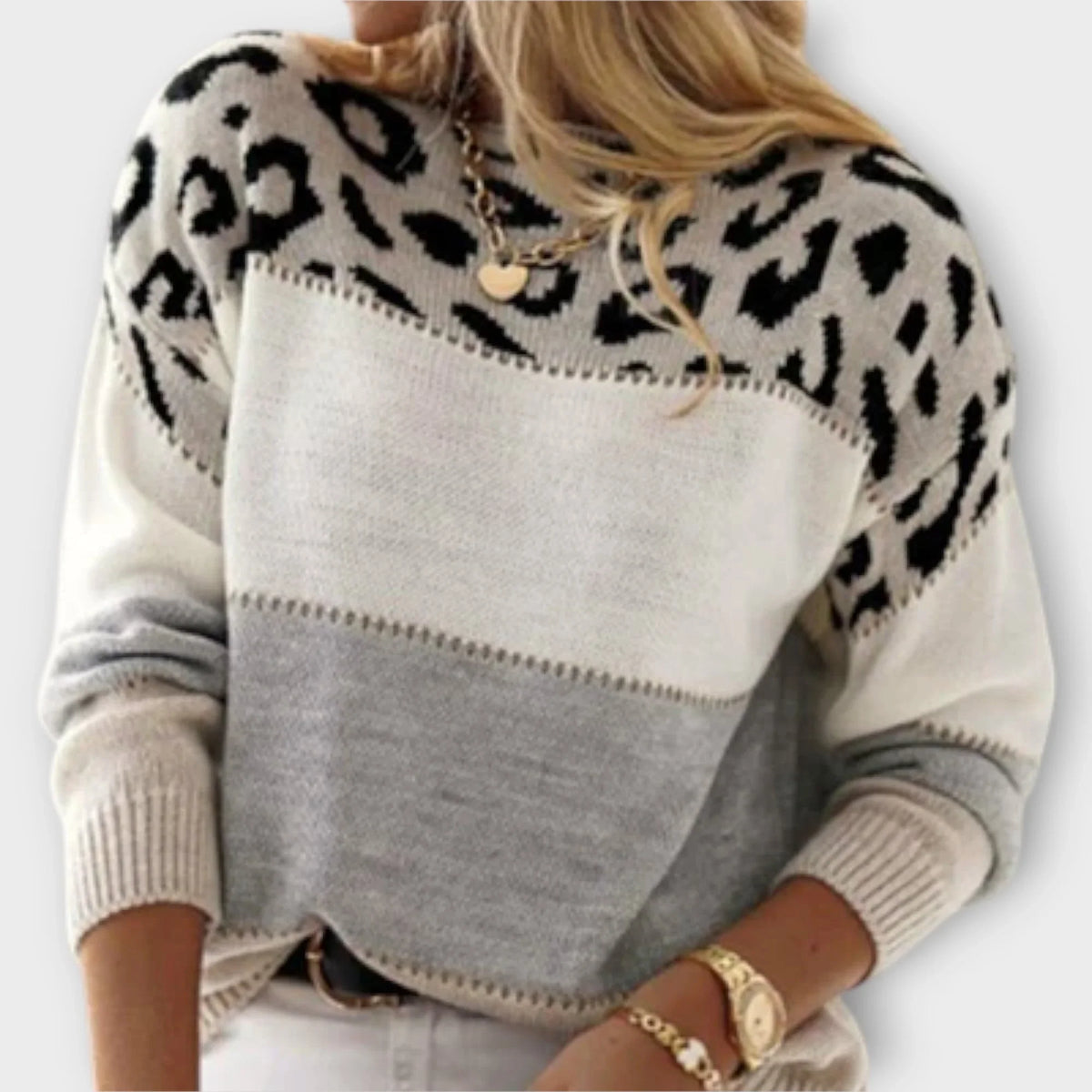 Women's leopard colorblock knit crew neck sweater
