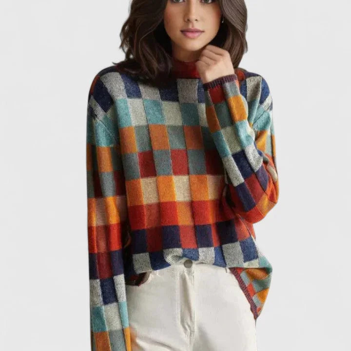Women's check knit roll neck sweater