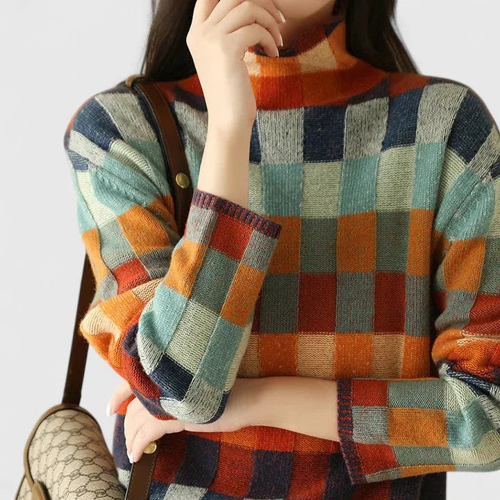 Women's check knit roll neck sweater