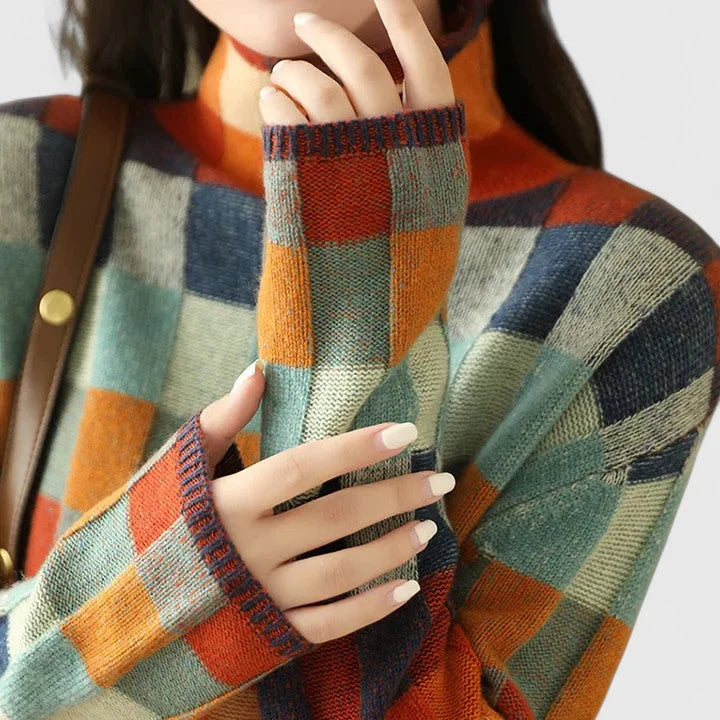 Women's check knit roll neck sweater