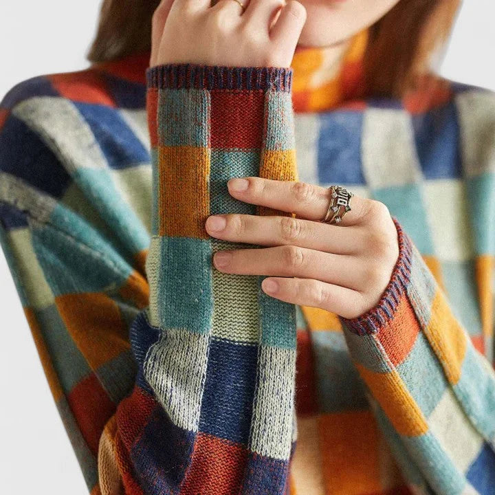 Women's check knit roll neck sweater