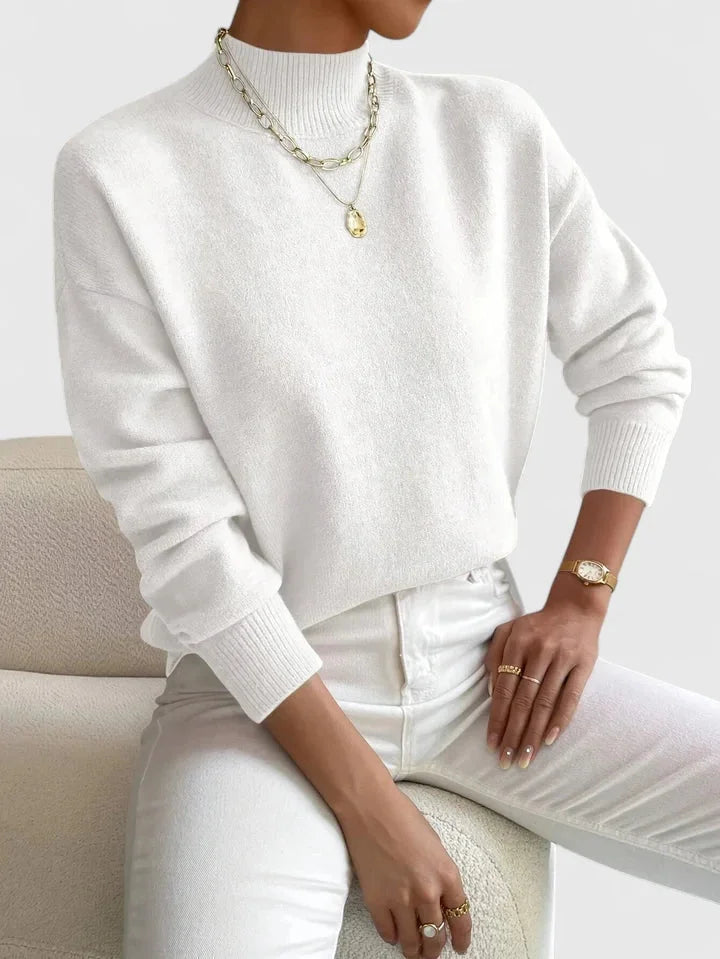 Women's knit stand collar sweater with ribbed cuffs and hem