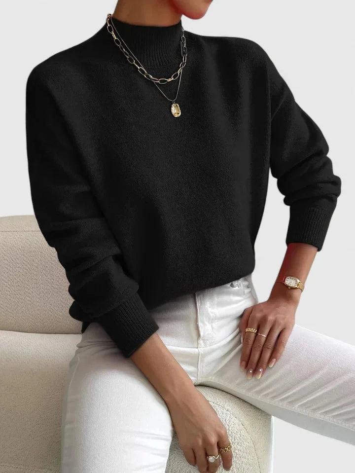 Women's knit stand collar sweater with ribbed cuffs and hem