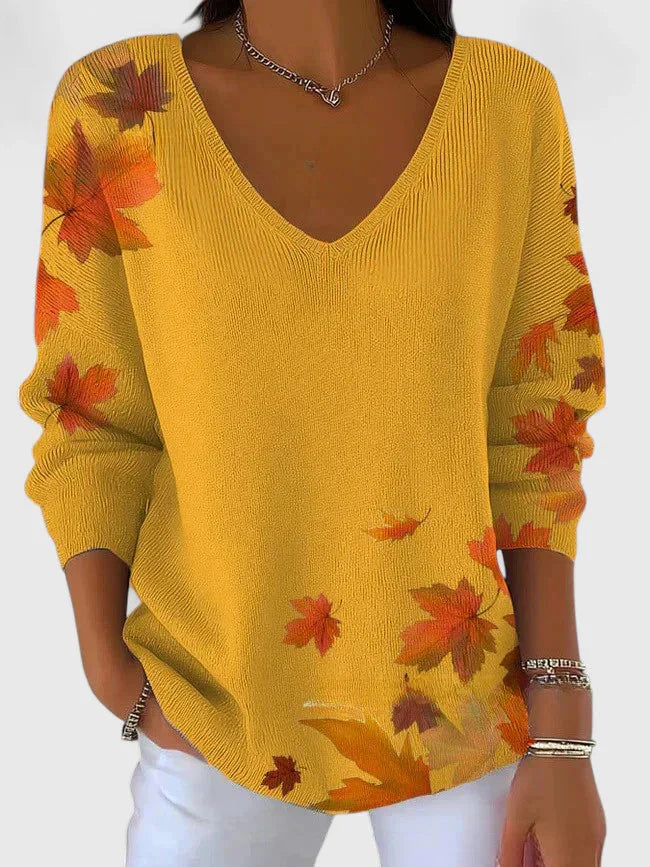 Women's knit v-neck sweater with autumn leaf print