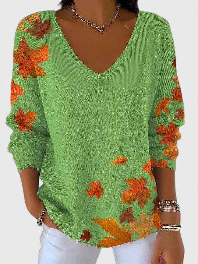 Women's knit v-neck sweater with autumn leaf print