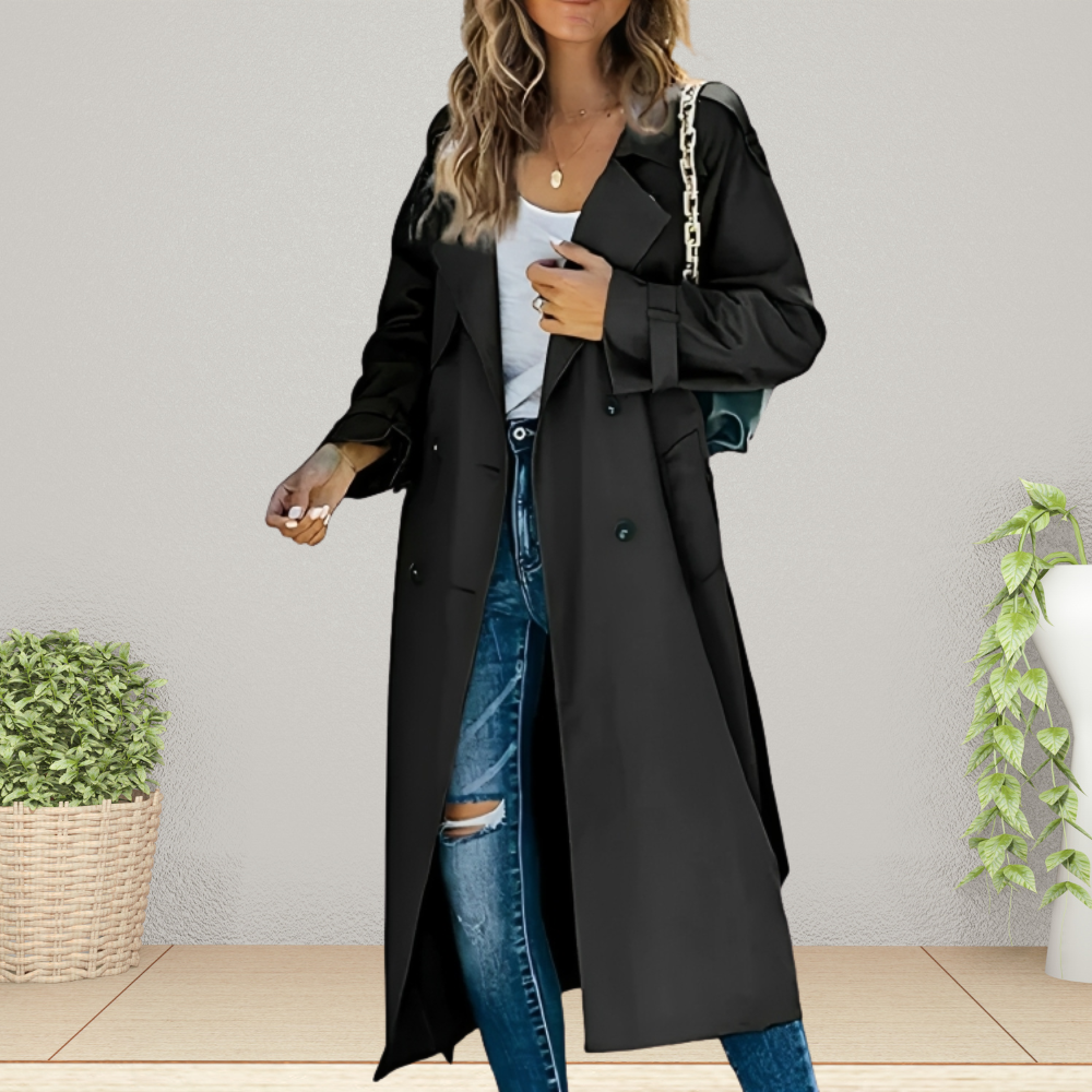 Women's Double-Breasted Trench Coat with Lapel Collar