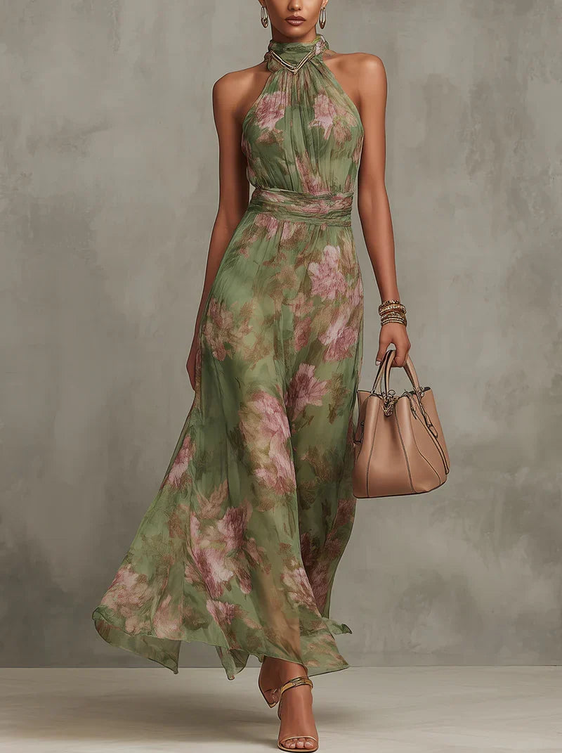 Ellie | Floral Wedding Guest Halter Maxi Dress with Tie Waist
