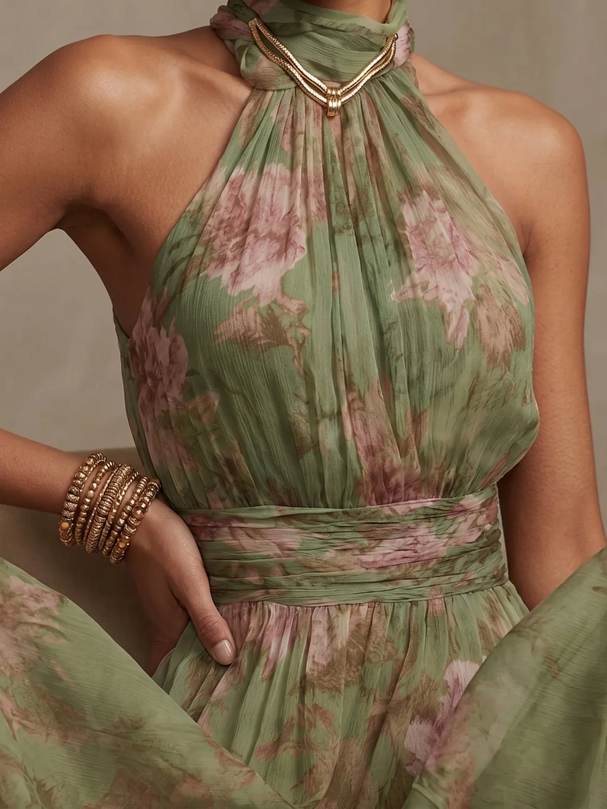 Ellie | Floral Wedding Guest Halter Maxi Dress with Tie Waist