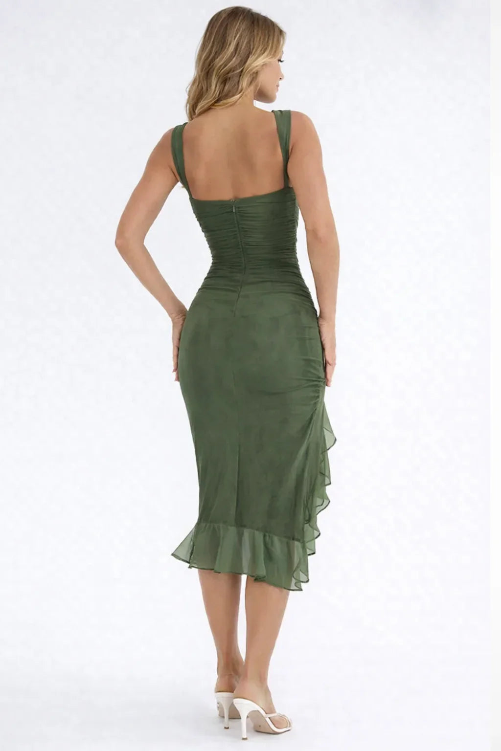 Ellie | Women's Ruched Formal Evening Midi Dress with Asymmetric Hem and Ruffle Trim