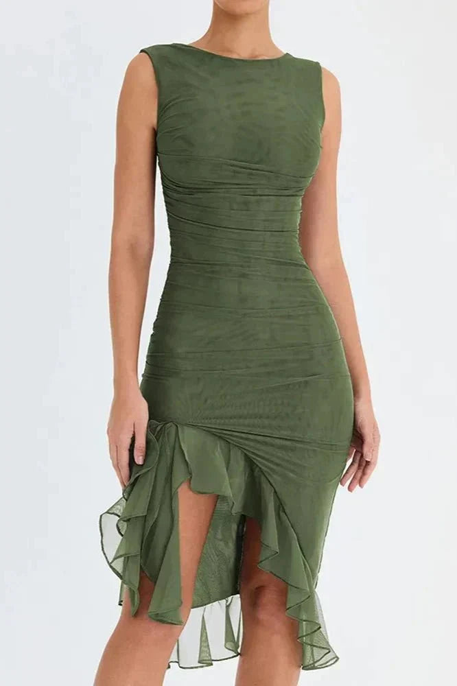 Ellie | Women's Ruched Formal Evening Midi Dress with Asymmetric Hem and Ruffle Trim