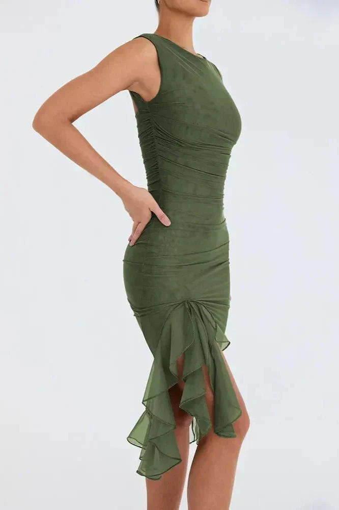 Ellie | Women's Ruched Formal Evening Midi Dress with Asymmetric Hem and Ruffle Trim