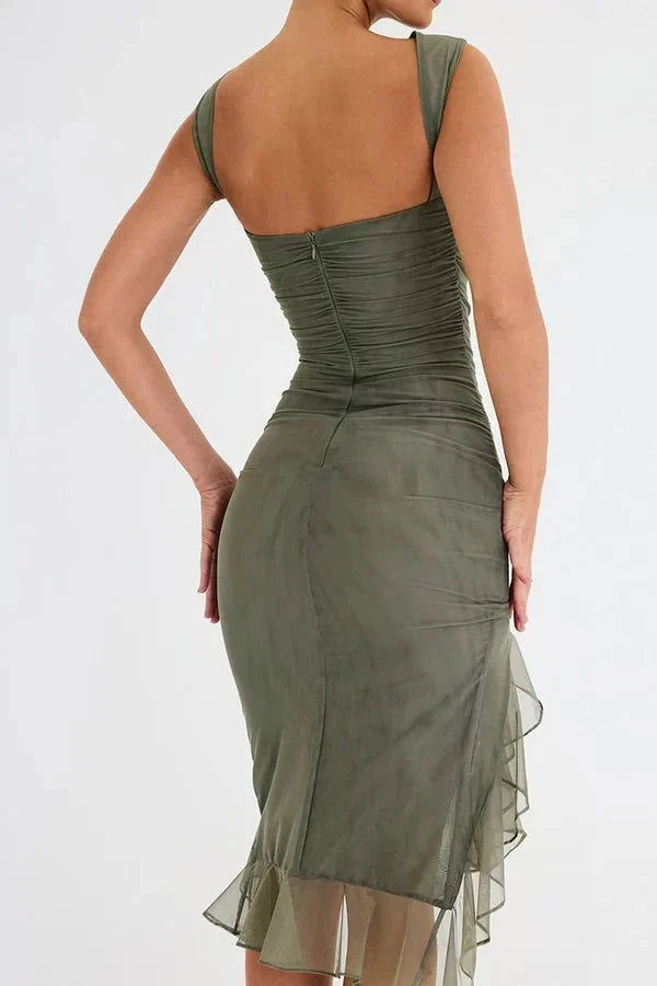 Ellie | Women's Ruched Formal Evening Midi Dress with Asymmetric Hem and Ruffle Trim