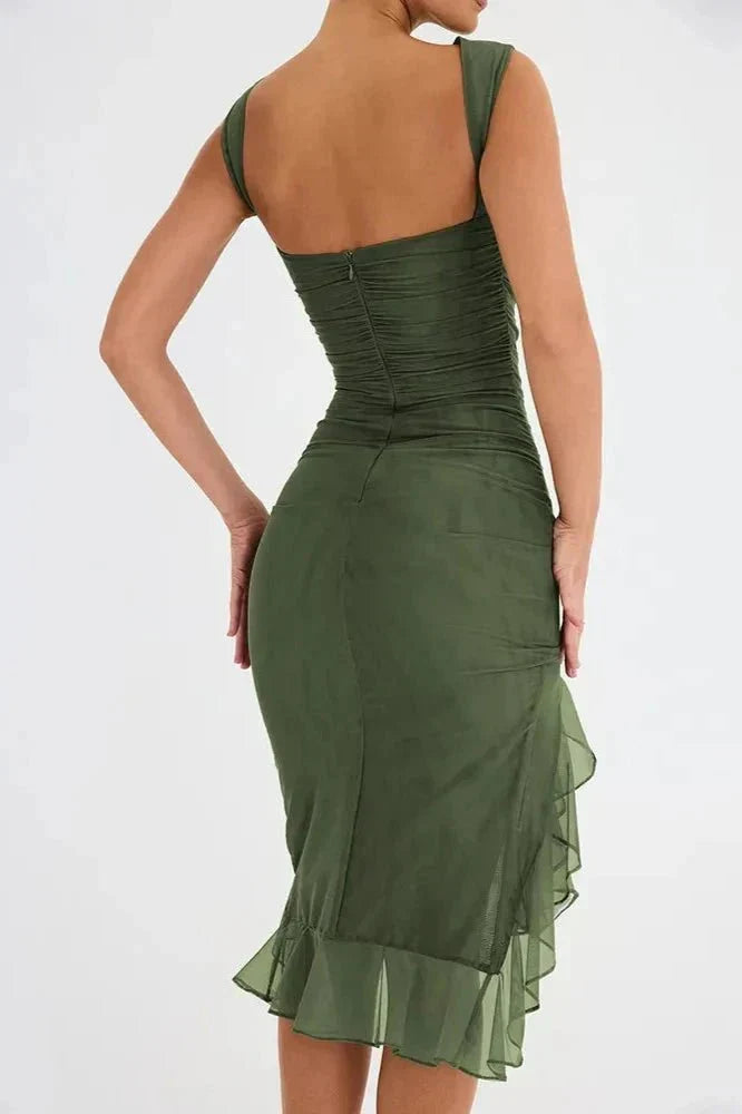 Ellie | Women's Ruched Formal Evening Midi Dress with Asymmetric Hem and Ruffle Trim