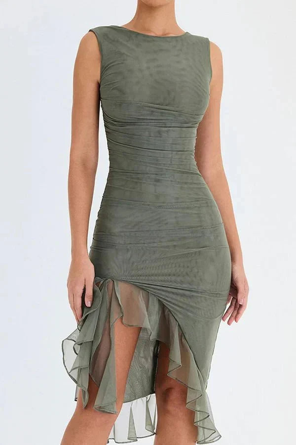 Ellie | Women's Ruched Formal Evening Midi Dress with Asymmetric Hem and Ruffle Trim