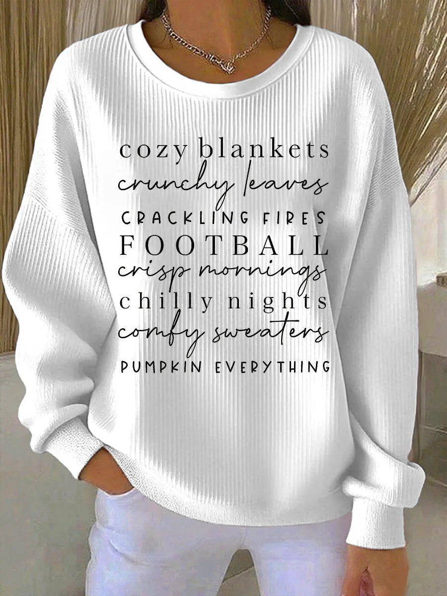 Women's ribbed crew neck sweater with text print front
