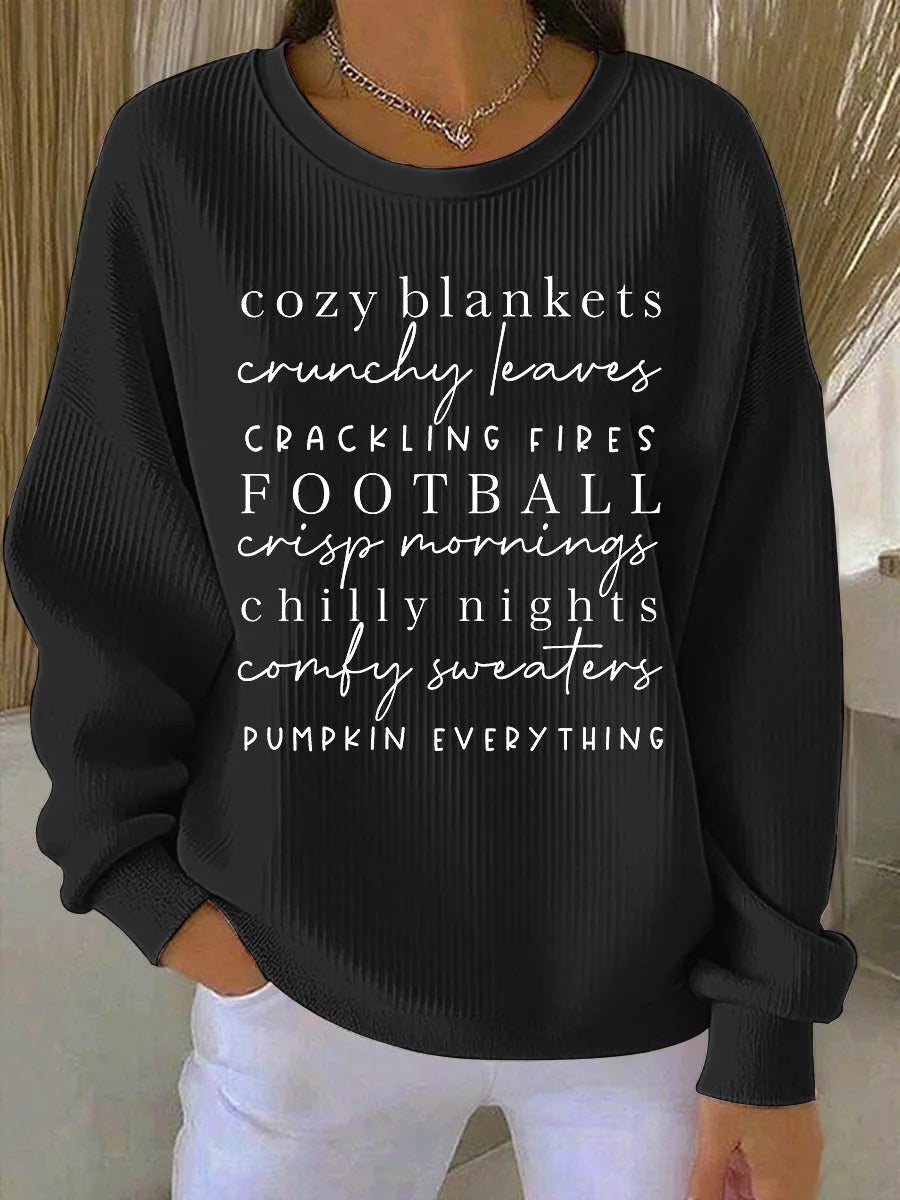 Women's ribbed crew neck sweater with text print front