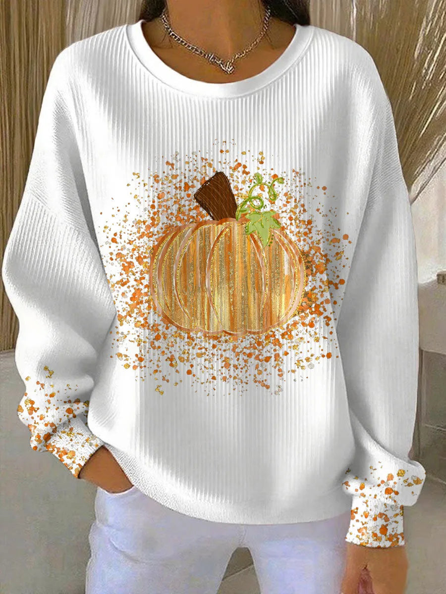 Women's ribbed crew neck sweater with pumpkin graphic