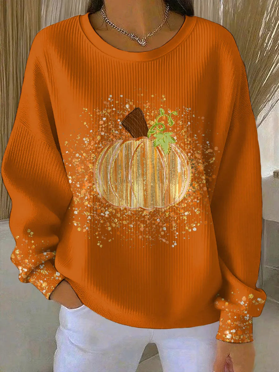 Women's ribbed crew neck sweater with pumpkin graphic