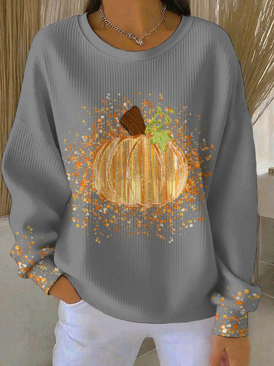 Women's ribbed crew neck sweater with pumpkin graphic