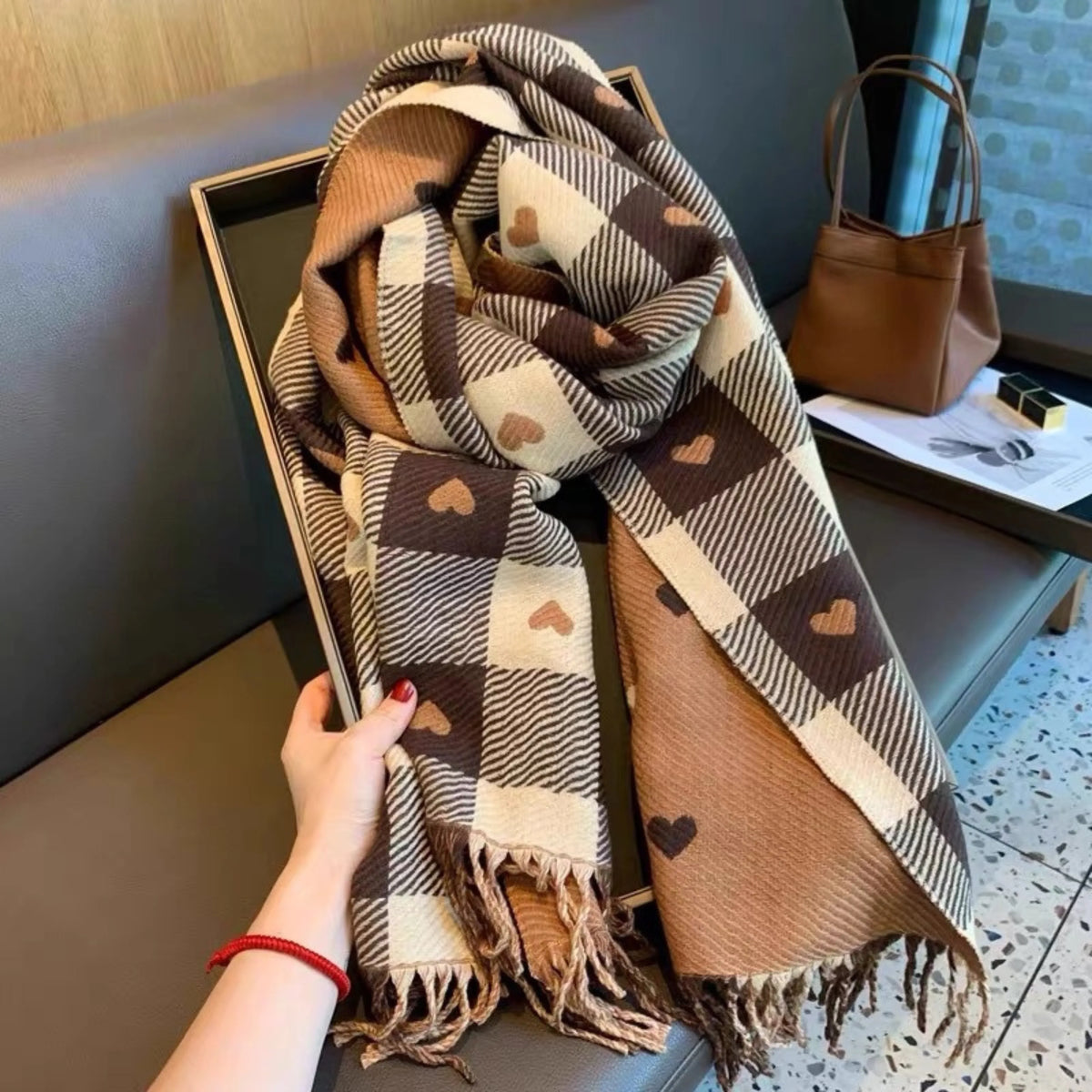 Comfy Warm Plaid Double Side Tassel Scarf
