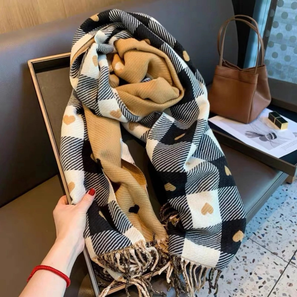 Comfy Warm Plaid Double Side Tassel Scarf