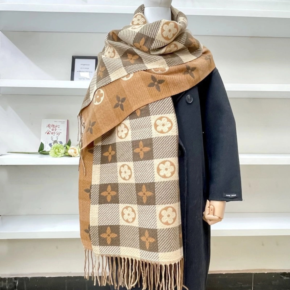 Comfy Warm Plaid Double Side Tassel Scarf