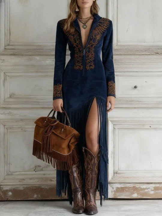 Suede Fringe Maxi Dress