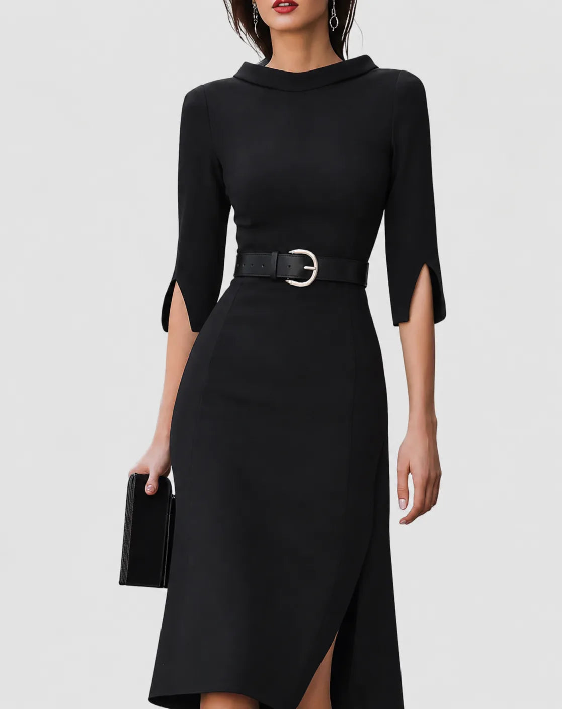 Women's Belted Mock Neck Midi Dress with Split Sleeves