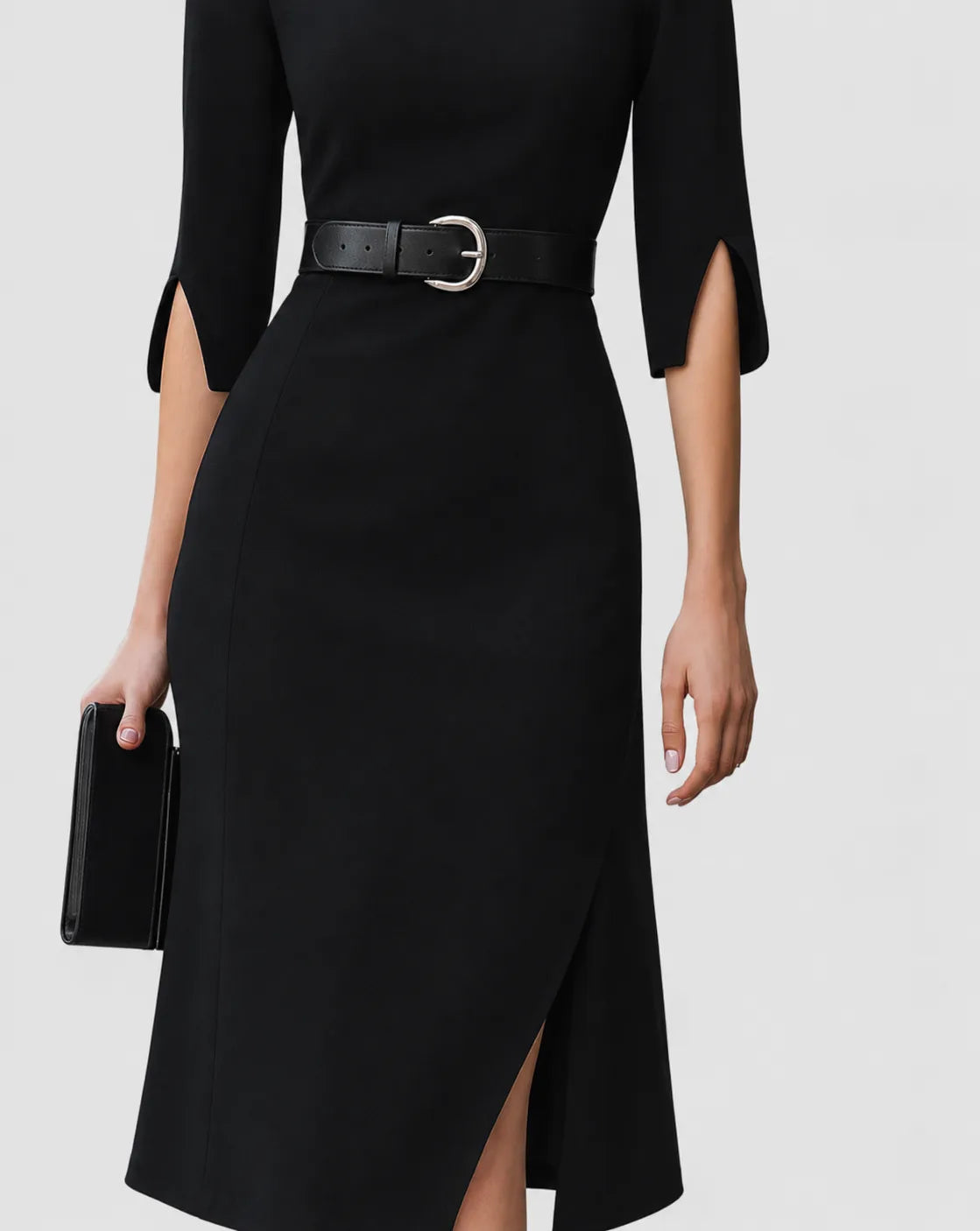 Women's Belted Mock Neck Midi Dress with Split Sleeves