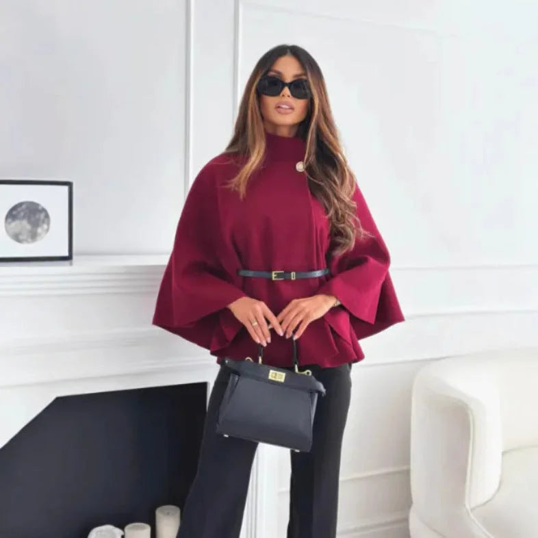 Women's belted wrap stand collar wool cape