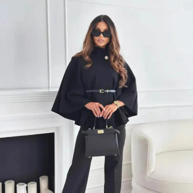 Women's belted wrap stand collar wool cape