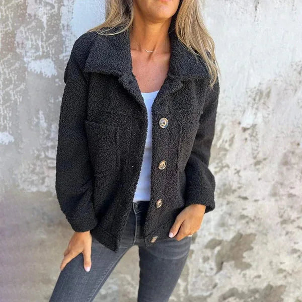 Women's borg button-front collared jacket with patch pockets