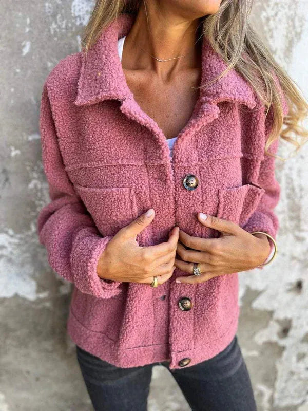 Women's borg button-front collared jacket with patch pockets