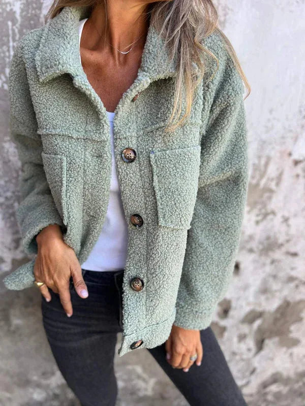 Women's borg button-front collared jacket with patch pockets
