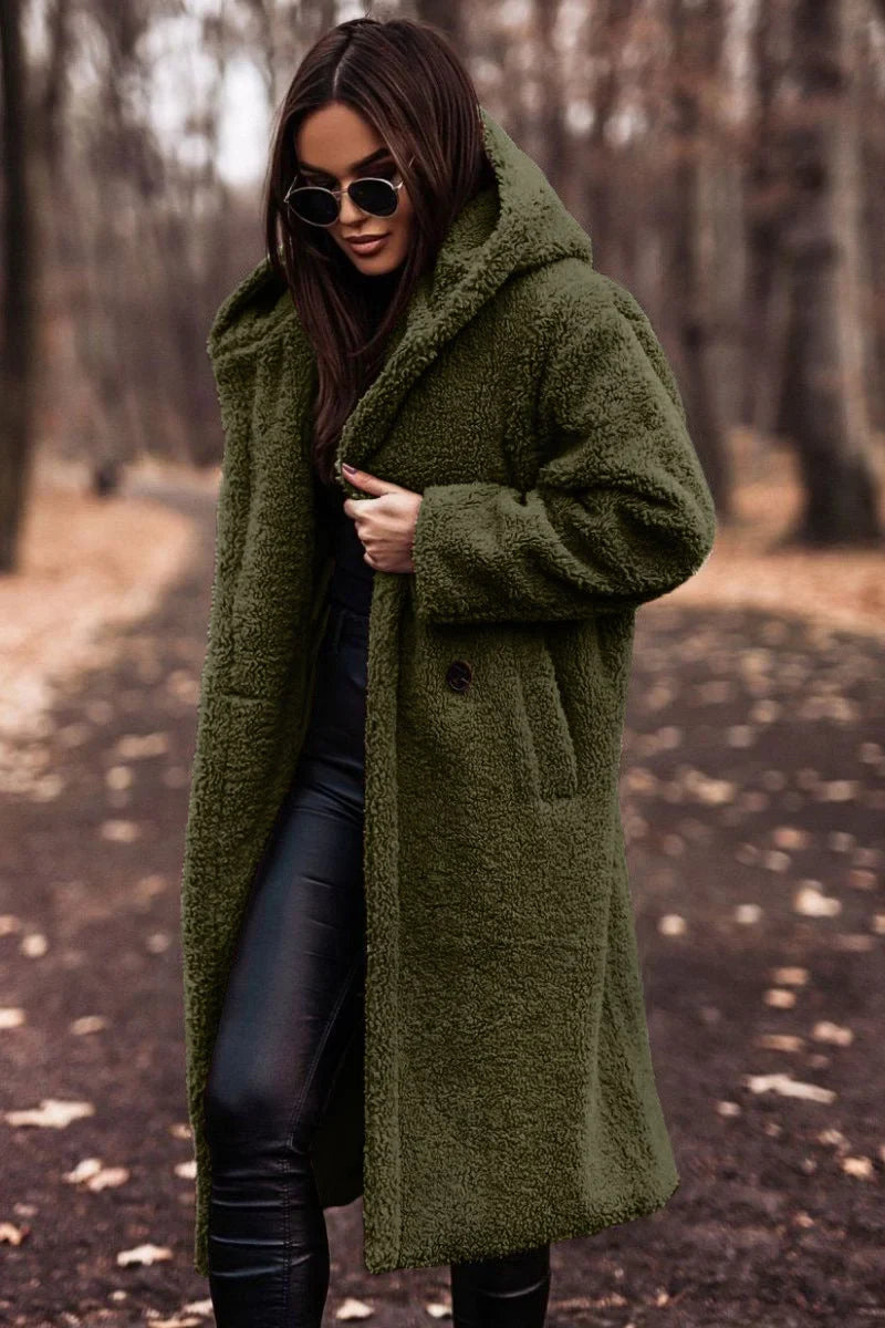 Women's borg button-front hooded long coat