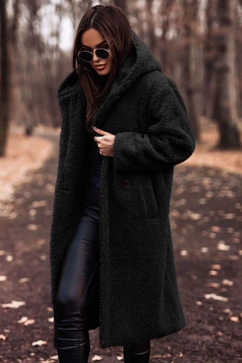 Women's borg button-front hooded long coat