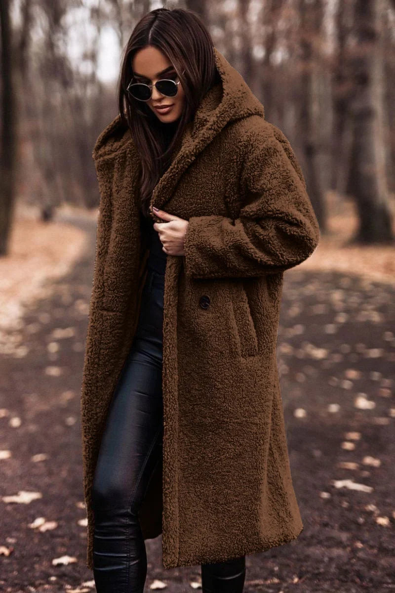 Women's borg button-front hooded long coat