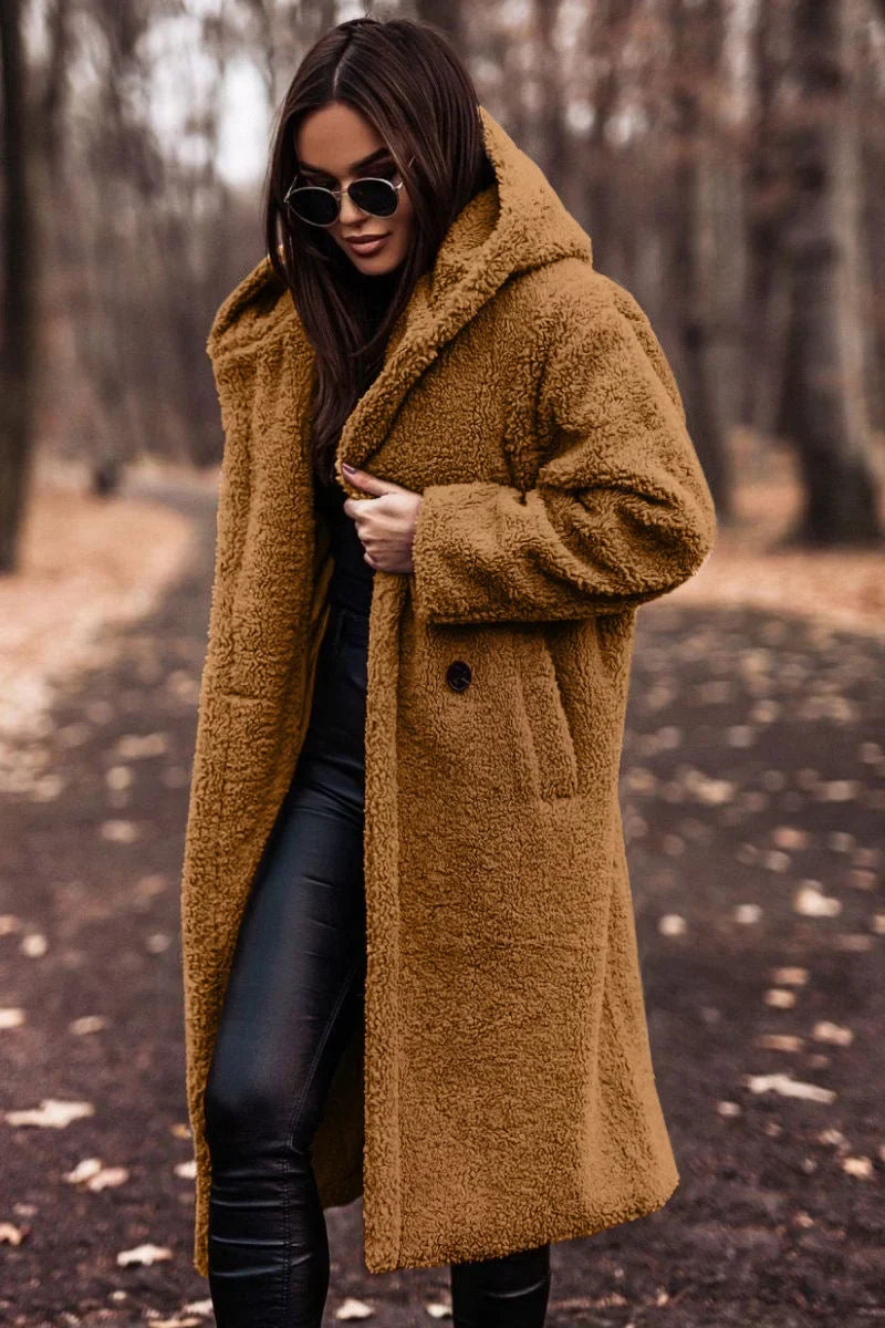 Women's borg button-front hooded long coat