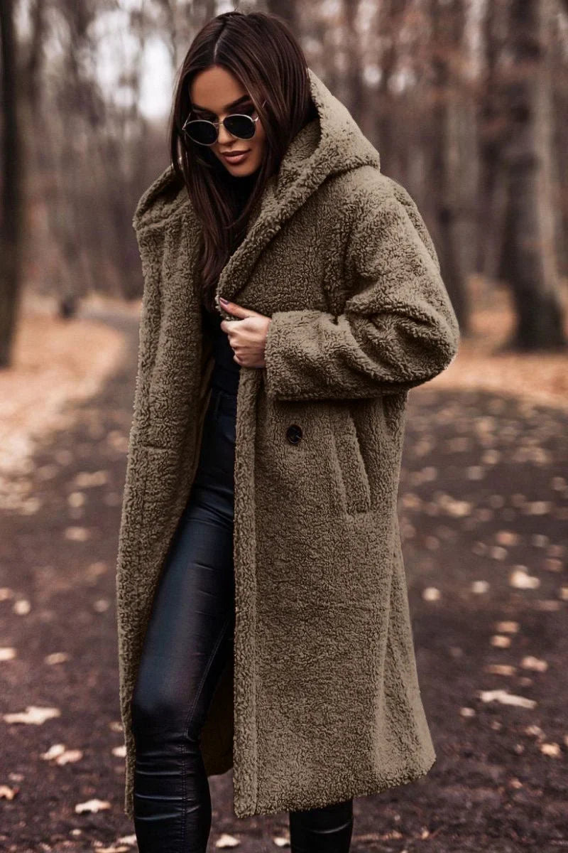 Women's borg button-front hooded long coat