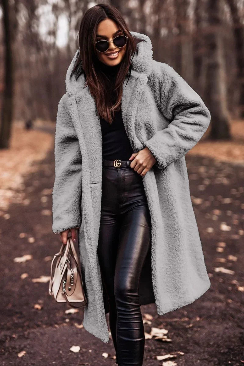 Women's borg button-front hooded long coat